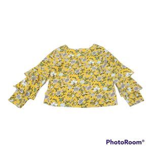Passport Floral Layered Long Sleeve Yellow Blouse Back Zipper Size XL